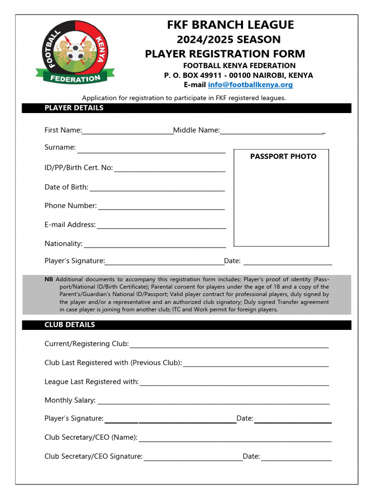 FKF Player Registration Form 2024/25 | PDF