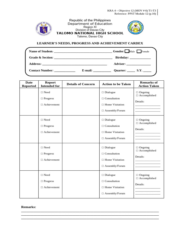 Template Learners Needs Progress and Achievement Cardex | PDF | Philippines