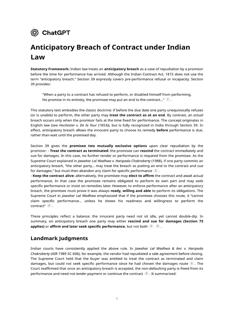 Anticipatory Breach of Contract in India | PDF | Breach Of Contract ...