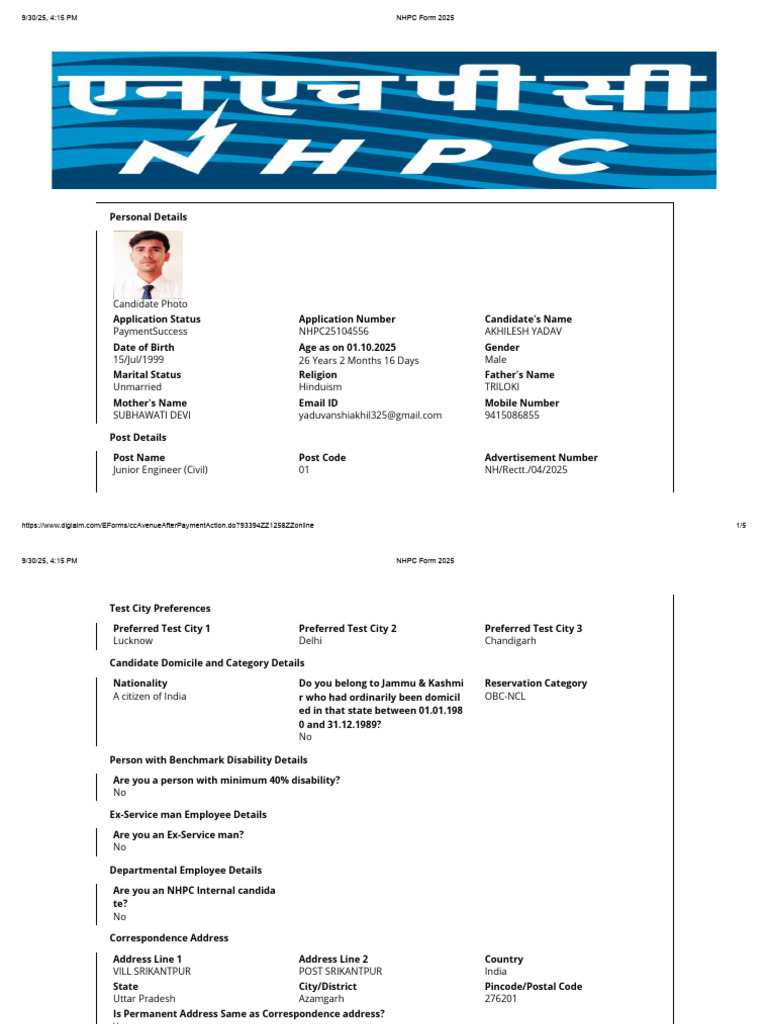 NHPC JE Application Details 2025 | PDF