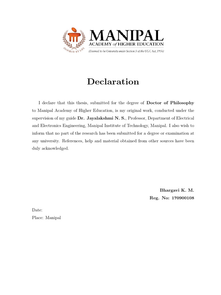 PhD Thesis Declaration by Bhargavi K. M. | PDF