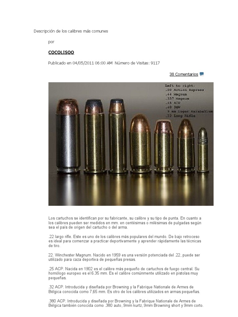 Descripción de los calibres más comunes Pistola Cartucho (Armas de fuego)