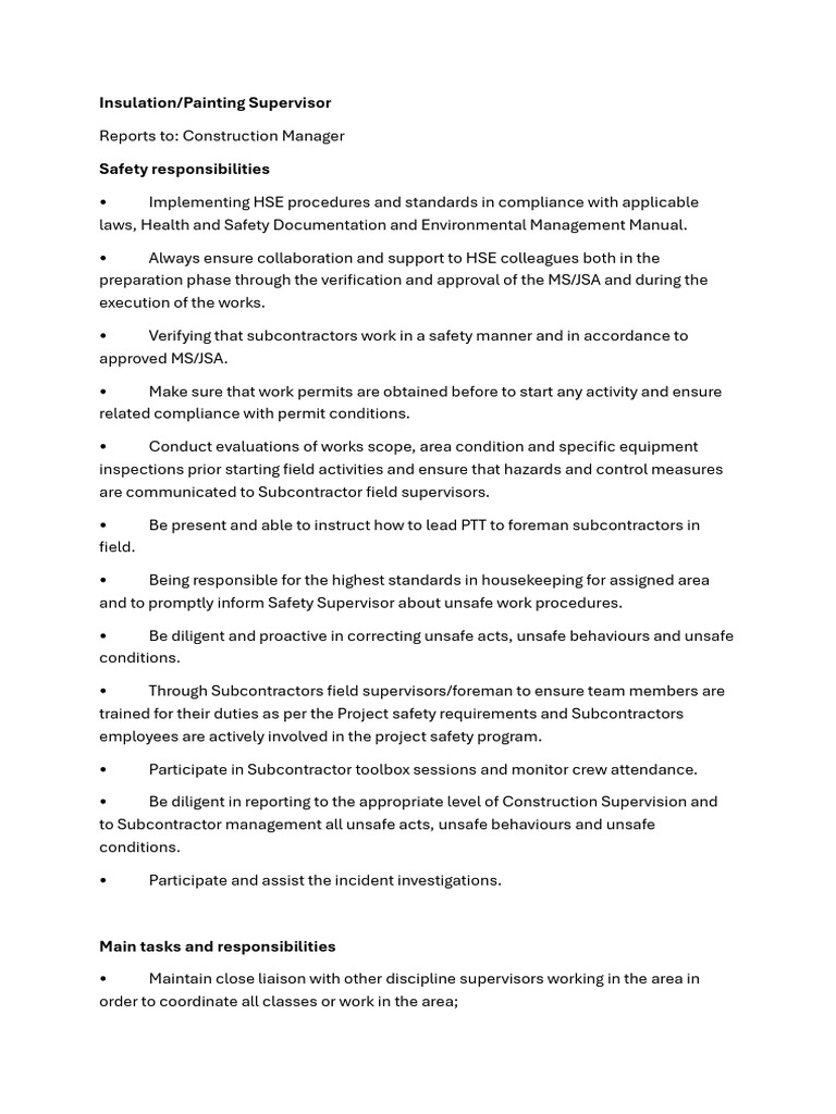 Insulation Supervisor Responsibilities | PDF | Safety | Specification ...