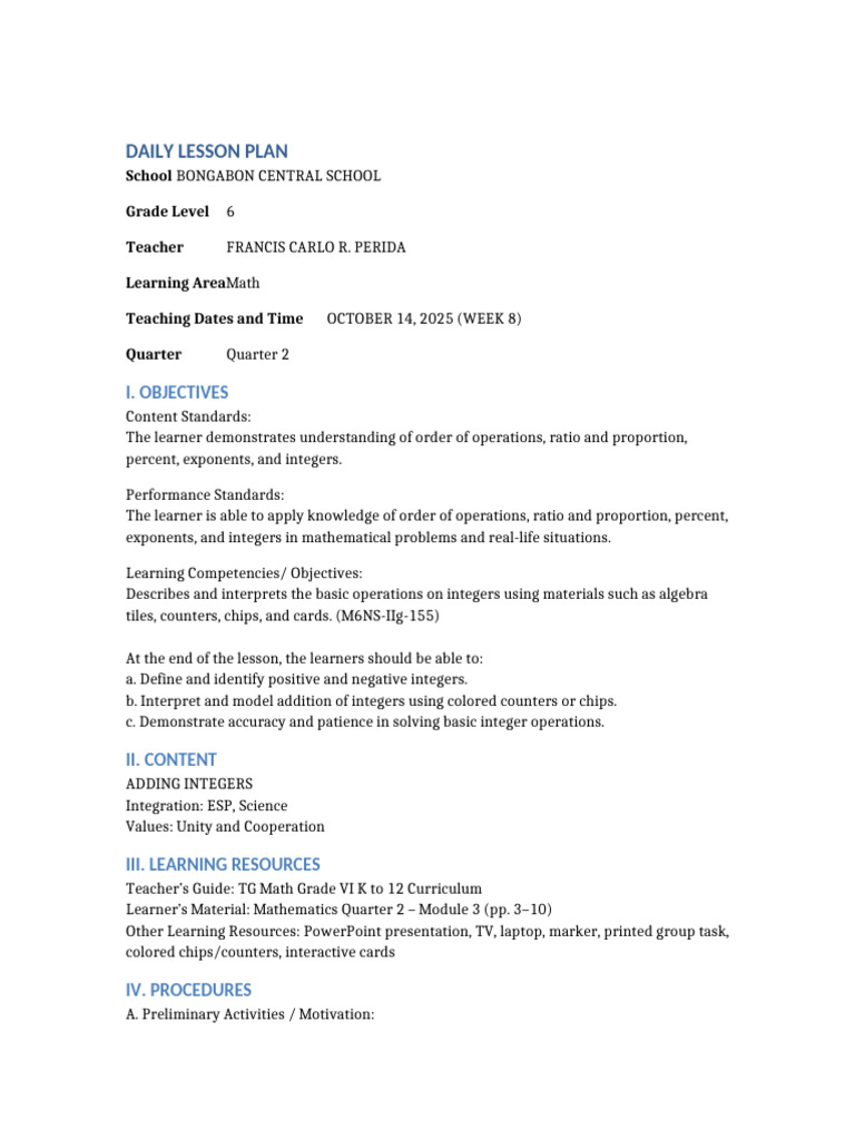 Adding Integers Lesson Plan | PDF | Learning | Integer