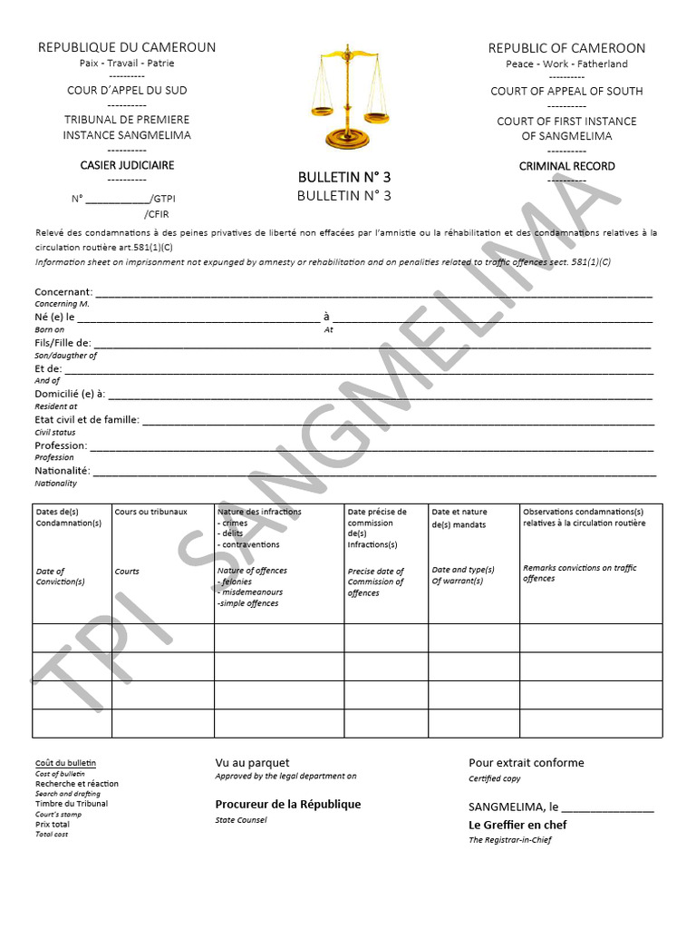 Extrait de casier judiciaire n°3 Cameroun | PDF | Justice | Crime et ...