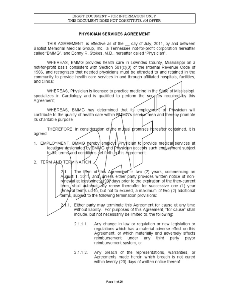 Physician Services Agreement Draft | PDF | Physician | Health Care