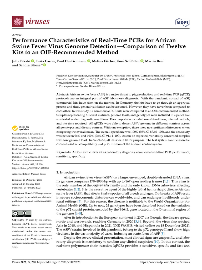 Performance Characteristics of Real Time PCR For ASF Genome Detection ...