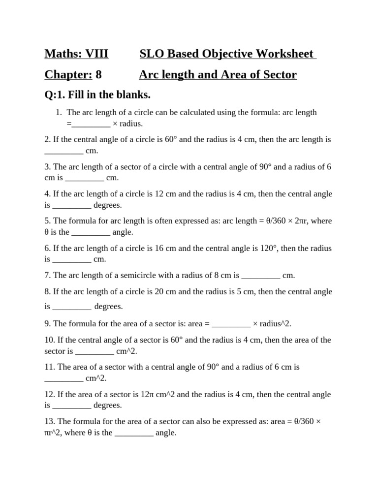 Arc Length and Sector Area Worksheet | PDF | Area | Angle