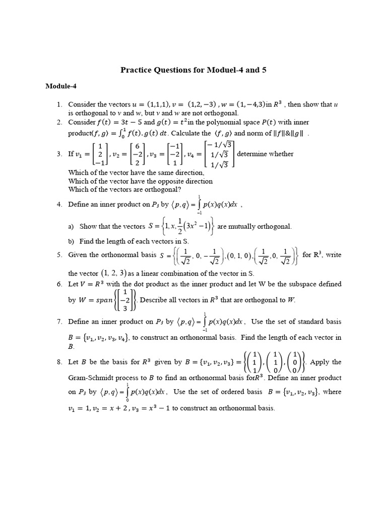 Practice Questions for Modules 4 & 5 | PDF | Vector Space | Basis ...