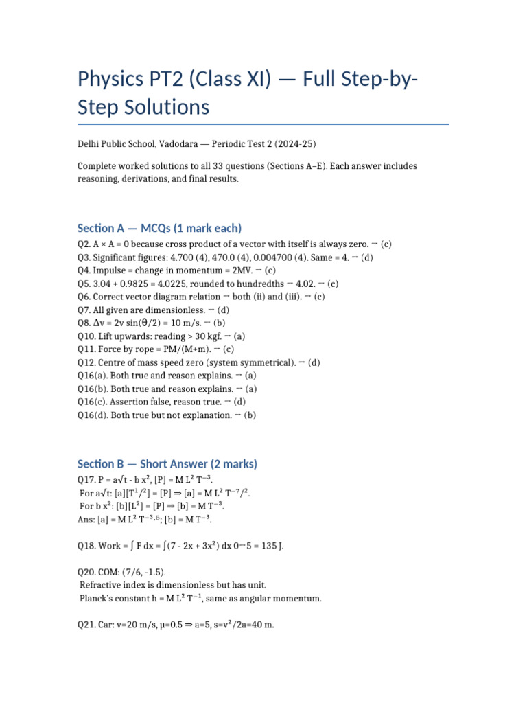 Physics Class XI PT2 Solutions Guide | PDF | Physics | Mechanics
