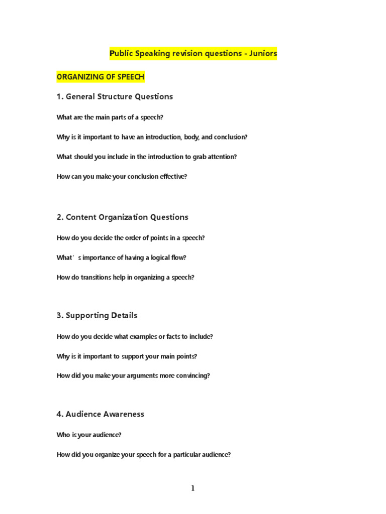 Public Speaking Revision Questions for Juniors | PDF | Body Language ...