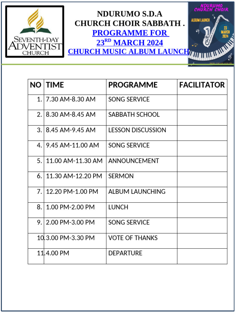 Ndurumo SDA Church Music Album Launch | PDF