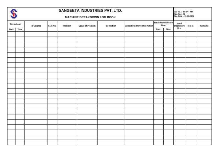 Machine Breakdown Record Log Book | PDF