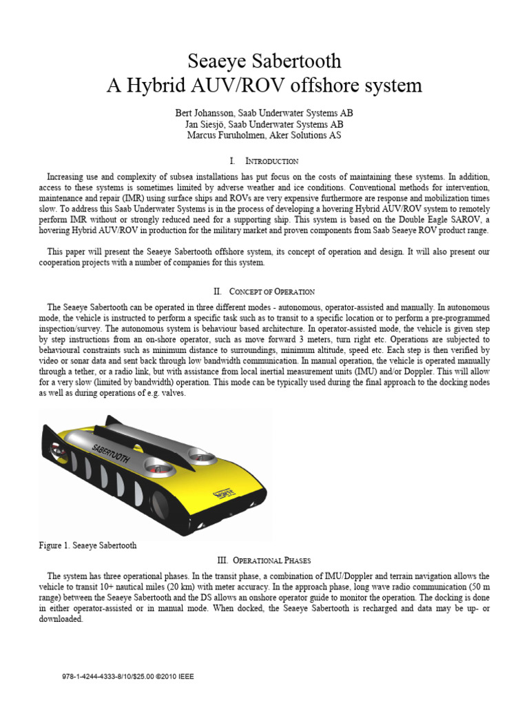 Seaeye Sabertooth: Hybrid AUV/ROV System | PDF | Navigation