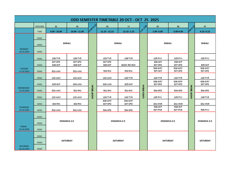 Odd Semester Timetable 20 Oct - Oct 24 2025 .XLSX - TT | PDF