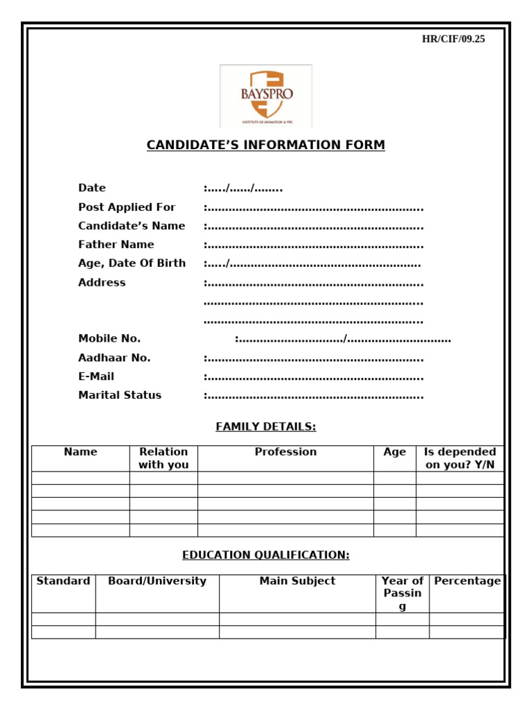 Candidate Information Form Template | PDF