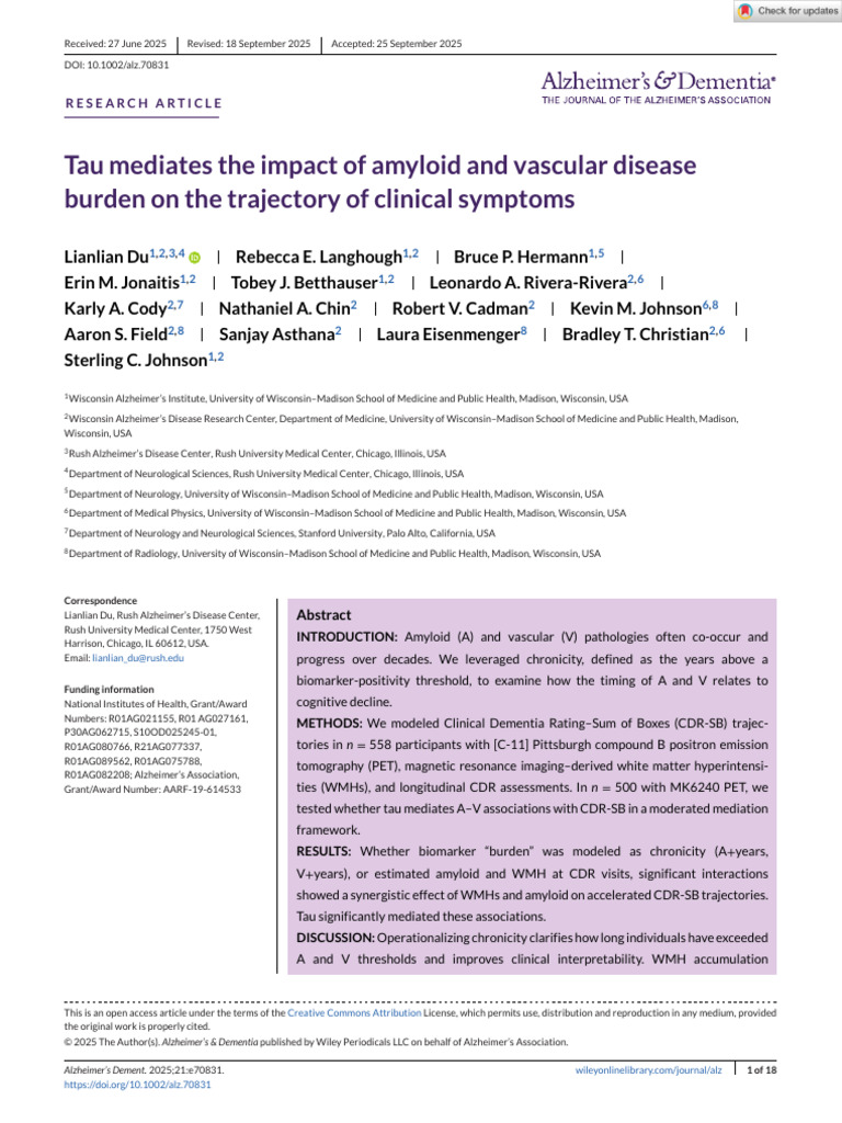 Alzheimer S Dementia - 2025 - Du - Tau Mediates The Impact of Amyloid ...