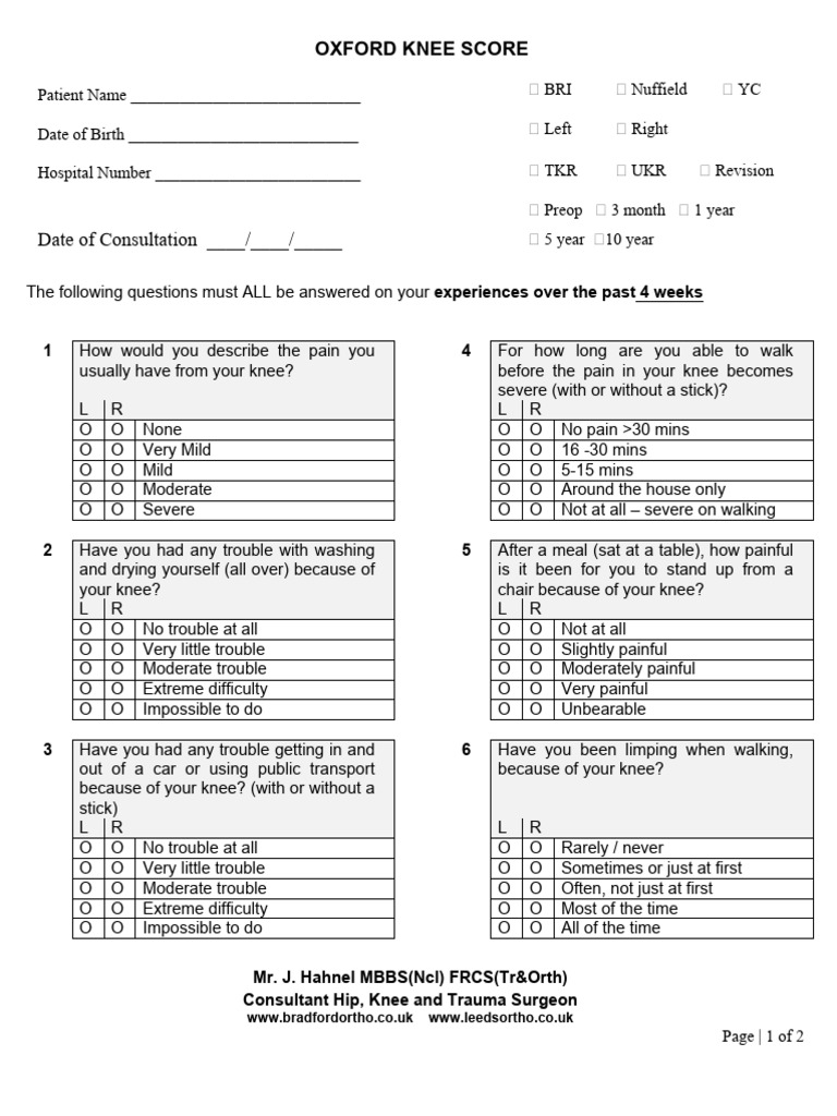 Oxford Knee Score Patient Questionnaire | PDF | Health Care | Medicine