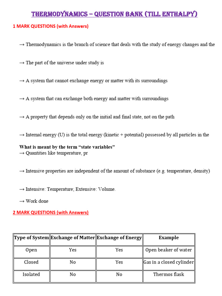 Thermodynamics Question Bank: Enthalpy | PDF | Heat | Temperature