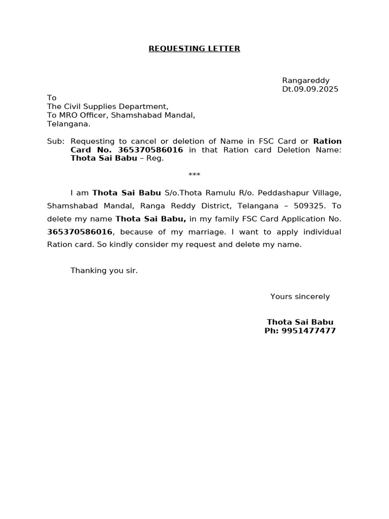 Requesting Letter - Sai Babu | PDF