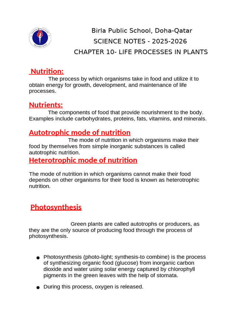 NOTES Life Processes in Plants Edited | PDF | Nutrition | Diet & Nutrition