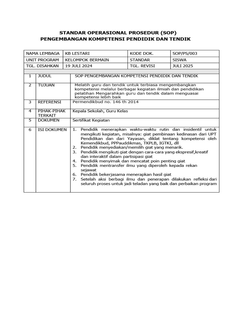 SOP Pengembangan Kompetensi Pendidik | PDF