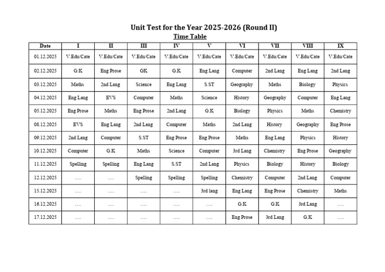 2025-2026 Unit Test Schedule | PDF
