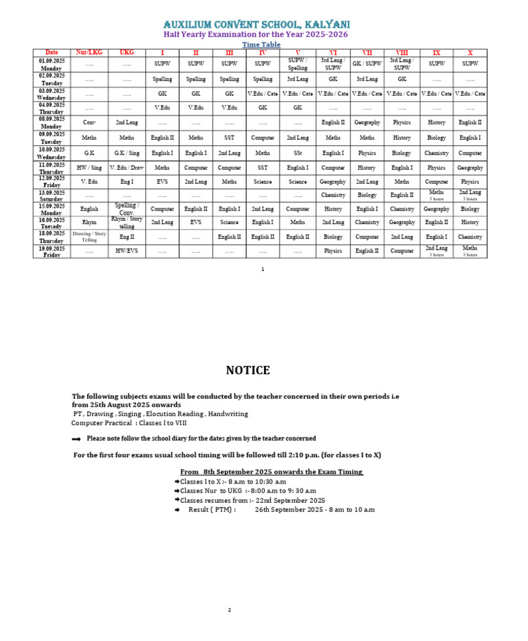 Half Yearly Exam Timetable 2025-26 | PDF | Science