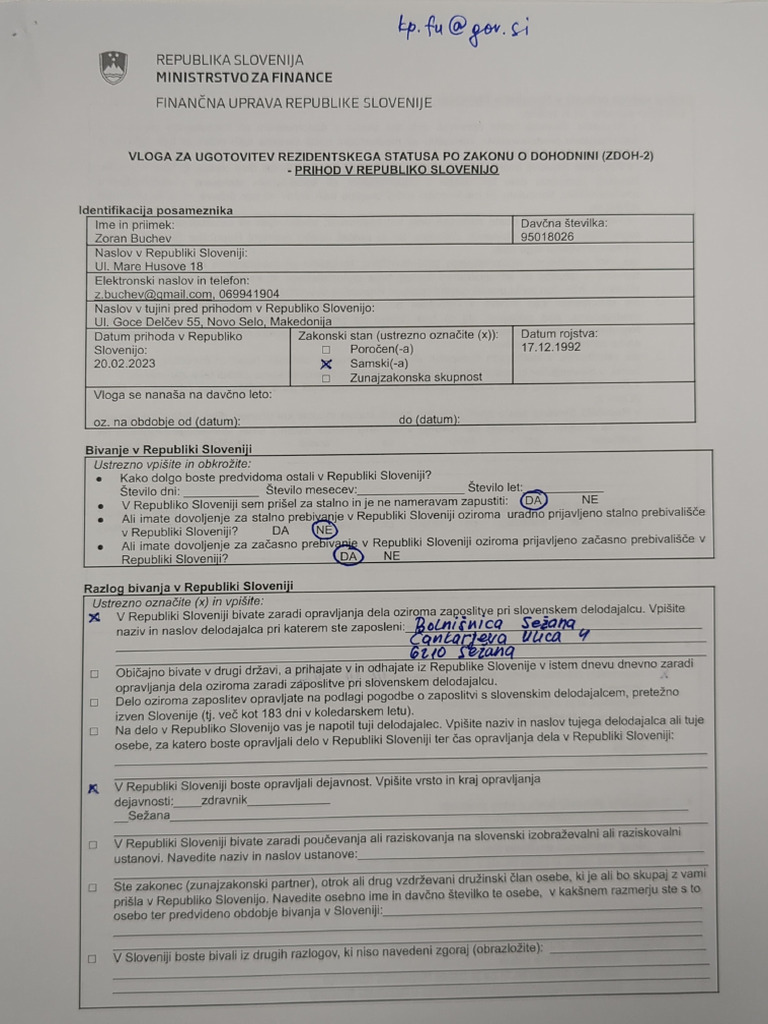 Vloga Za Ugotovitev Rezidentskega Statusa | PDF