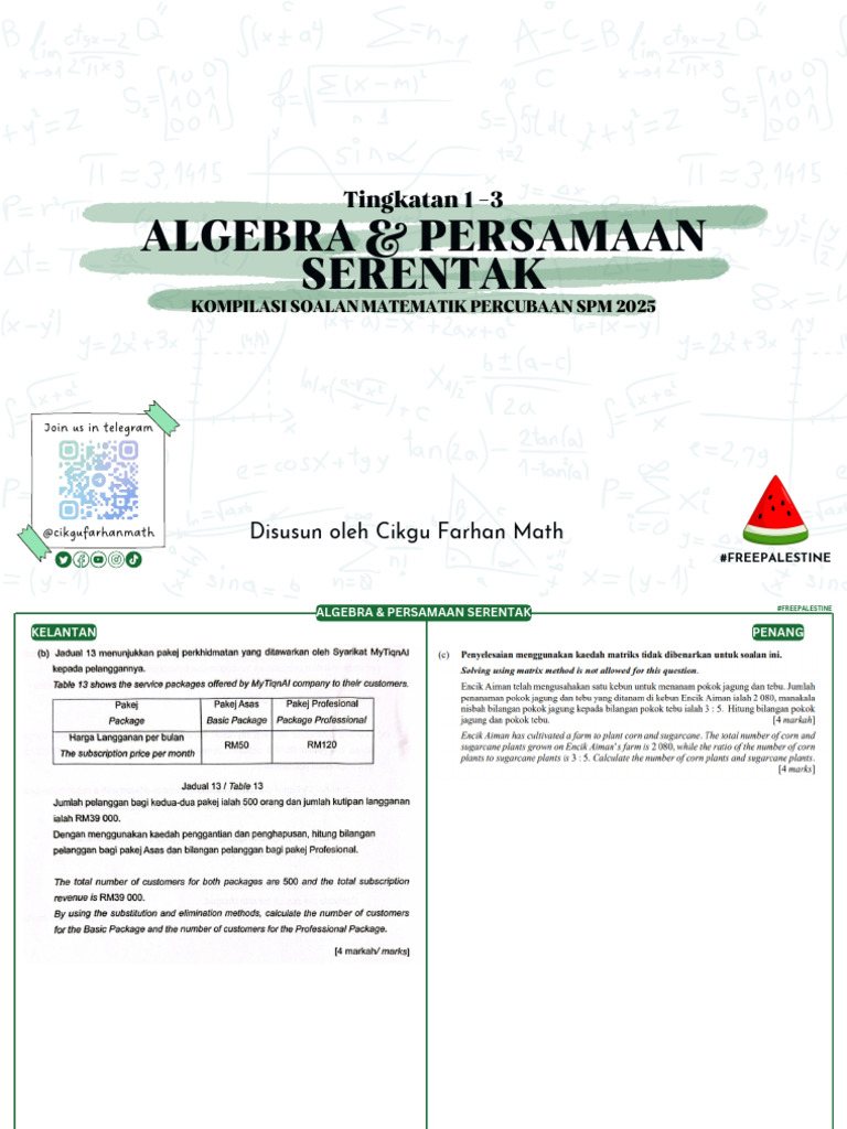 Algebra & Persamaan Serentak by @cikgufarhanmath | PDF