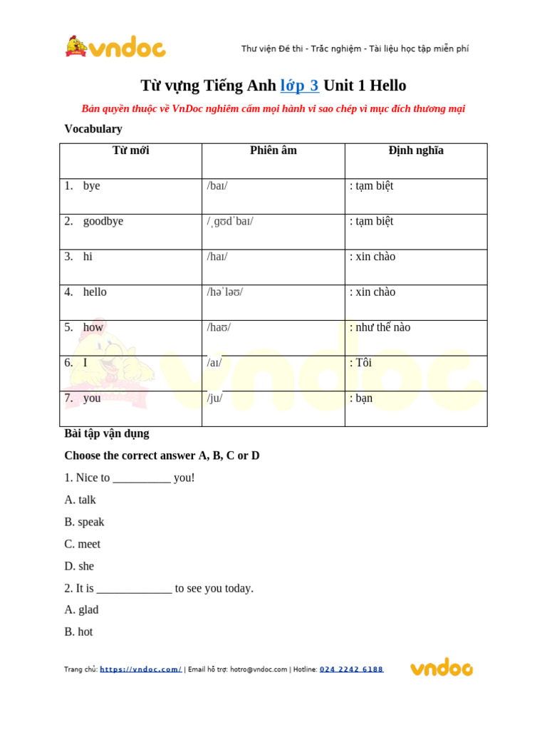 Tu Vung Tieng Anh Lop 3 Unit 1 Hello | PDF
