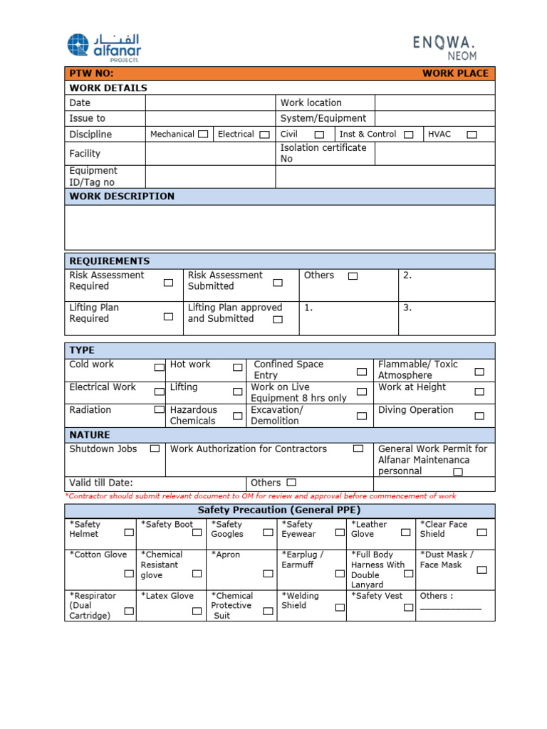 Work Permit Template for Safety Compliance | PDF | Personal Protective ...