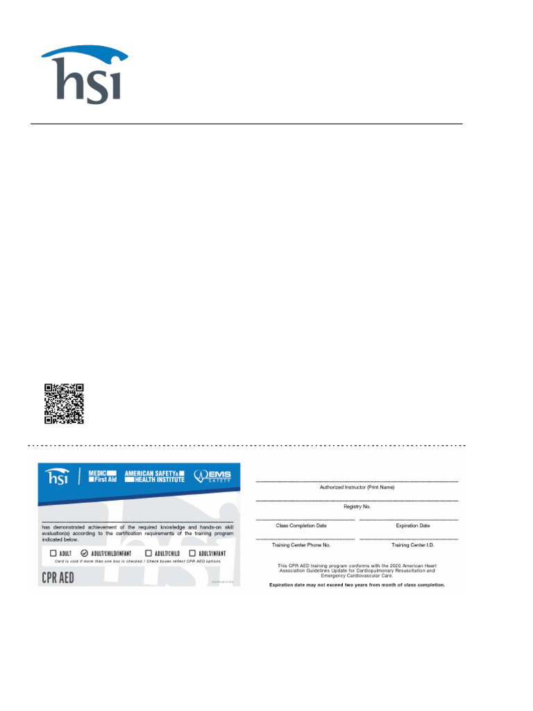 HSI CPR AED Certification Card 2025 | PDF