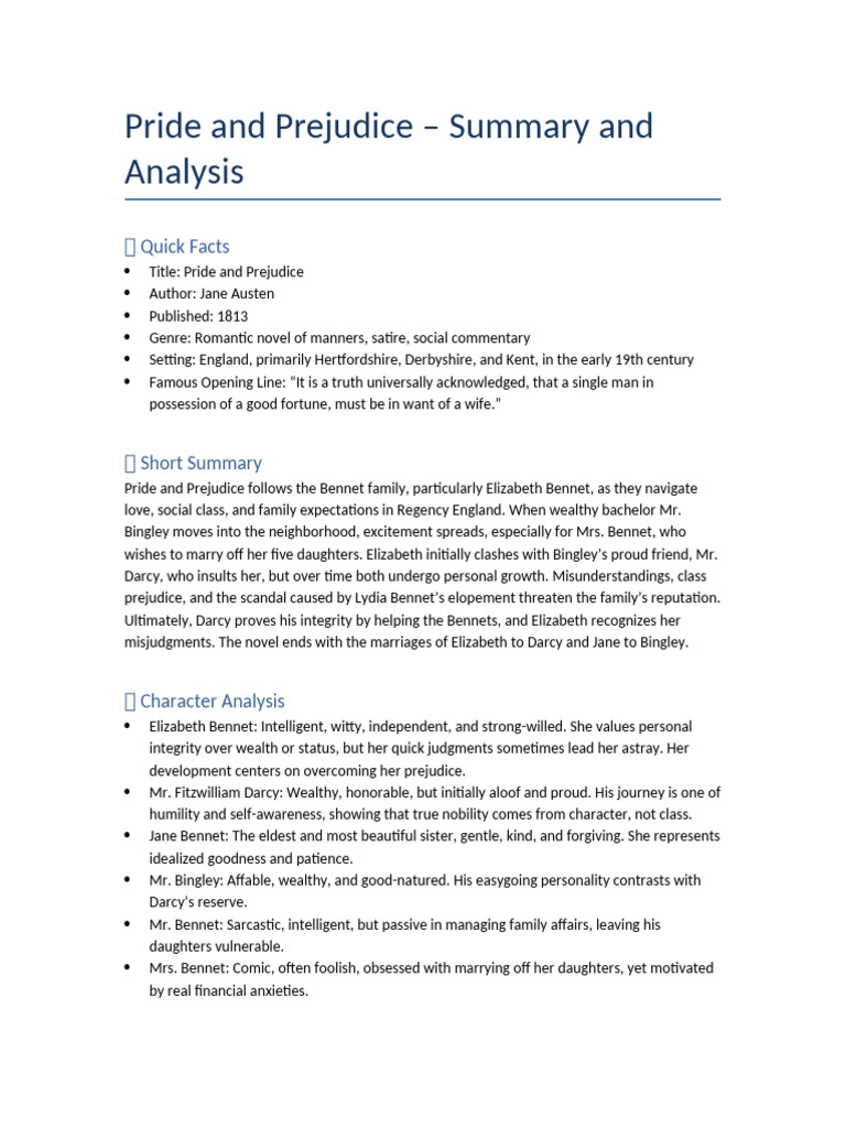 Pride and Prejudice: Summary & Analysis | PDF | Pride And Prejudice ...