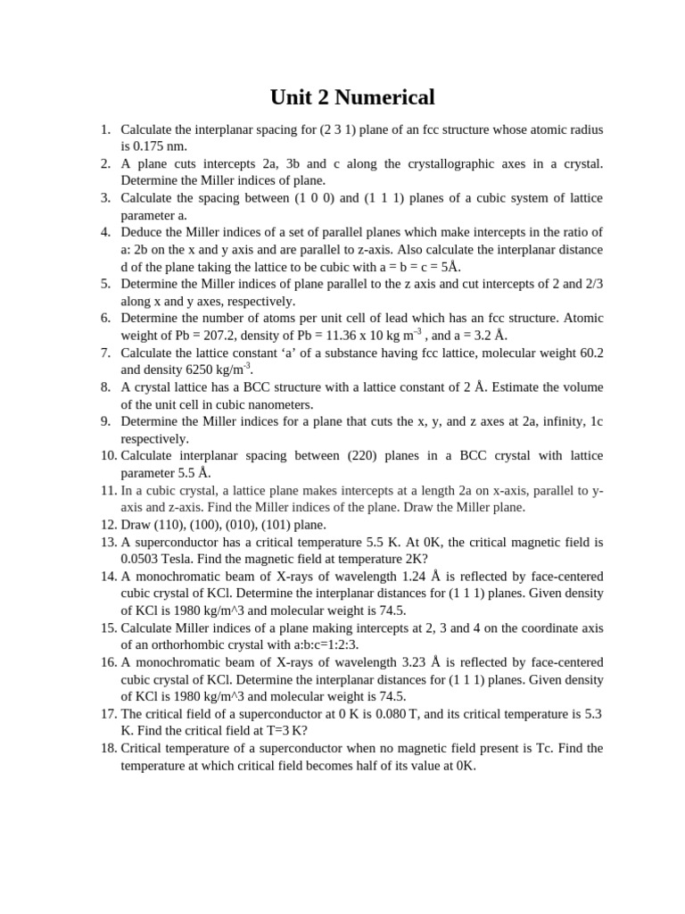 Unit 2 Numericals | PDF | Crystal Structure | Mineralogy
