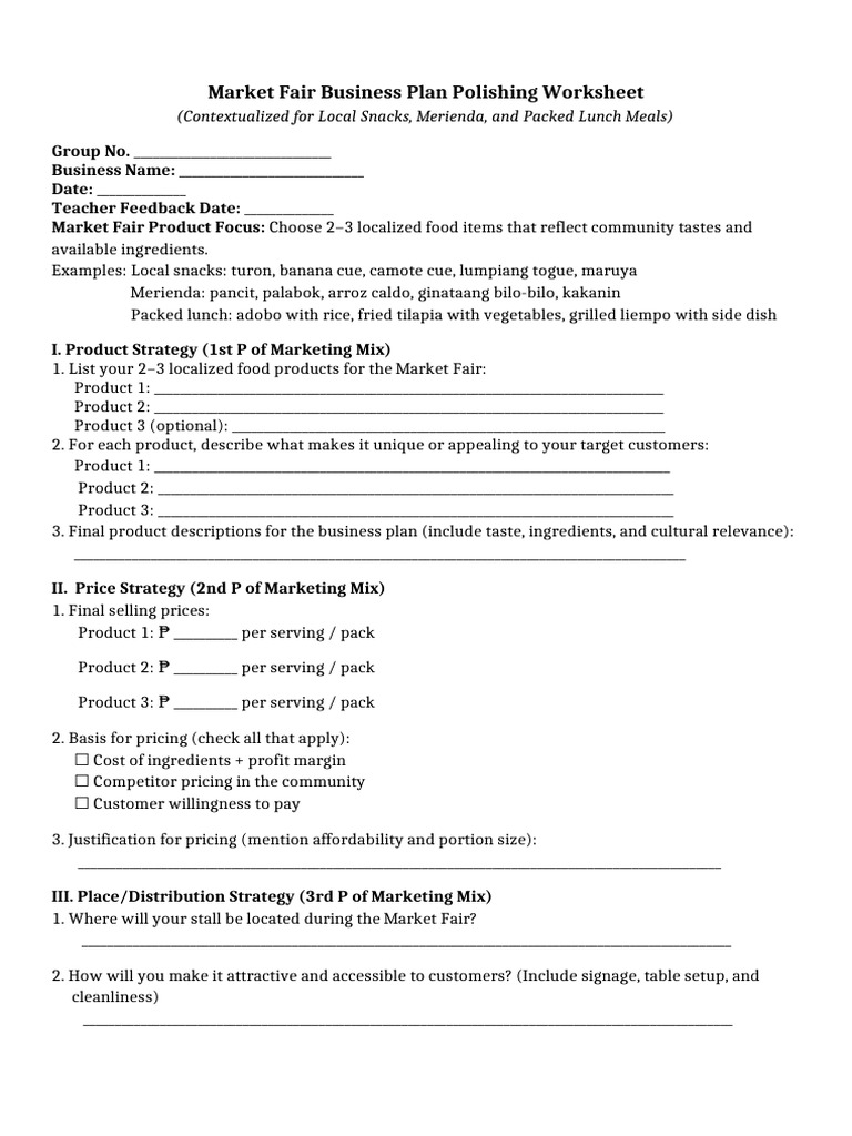 Market Fair Business Plan Worksheet | PDF | Marketing | Pricing