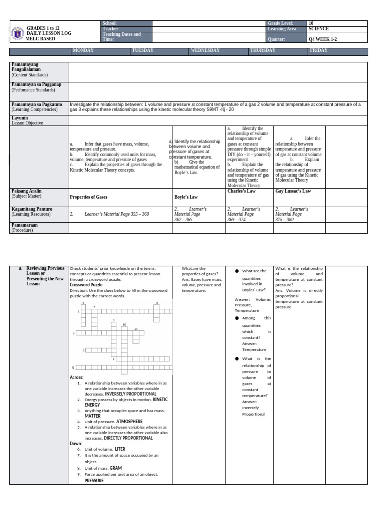 Grade 10 Science Daily Lesson Log | PDF | Gases | Temperature