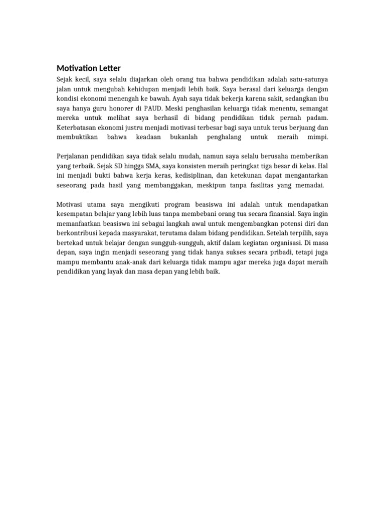 Motivation Letter Beasiswa | PDF