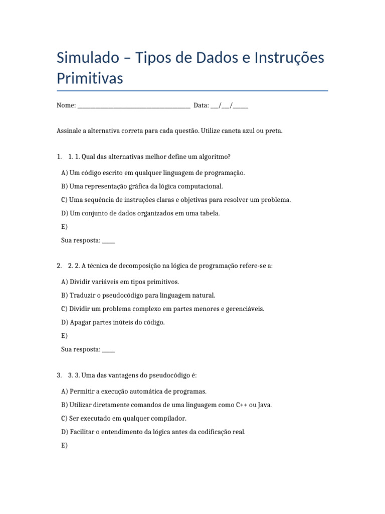Simulado sobre Tipos de Dados e Algoritmos | PDF | Algoritmos ...