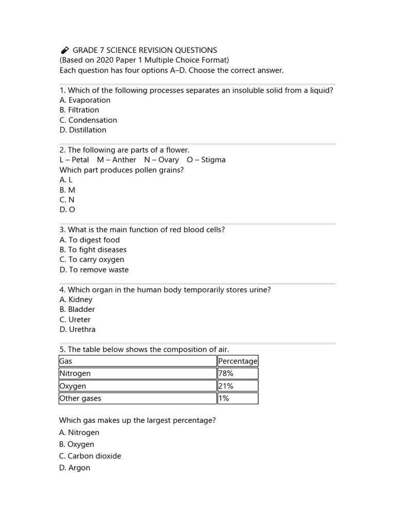 Grade 7 Science Revision Questions | PDF | Foods | Digestion