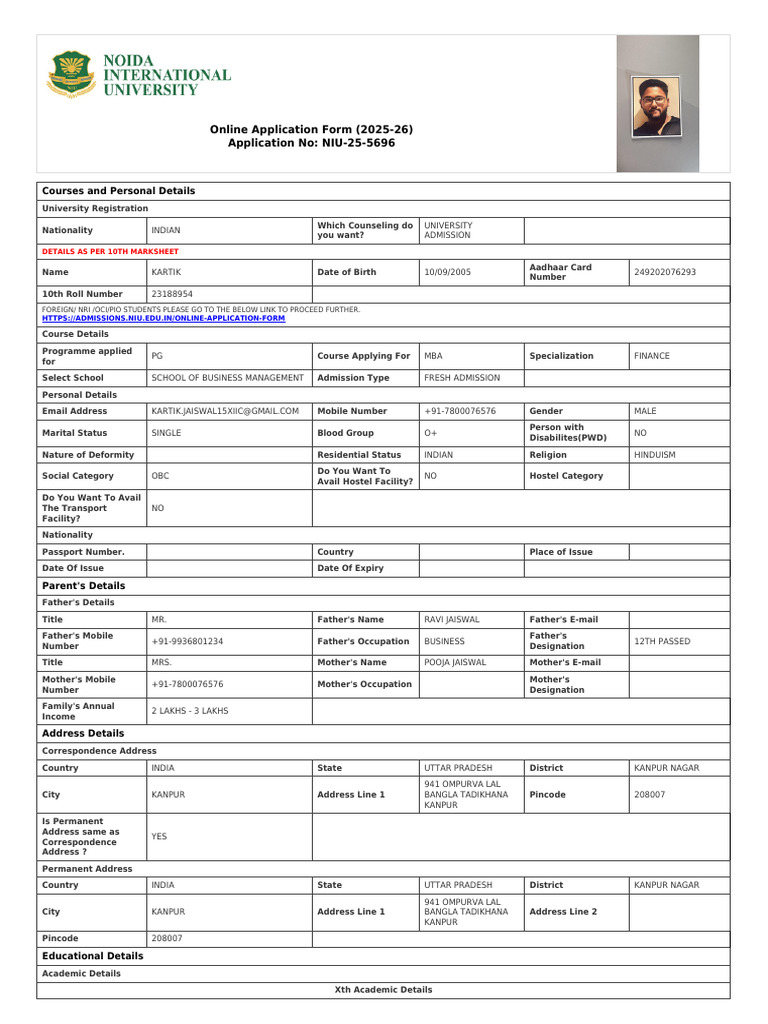 NIU MBA Application Form 2025-26 | PDF