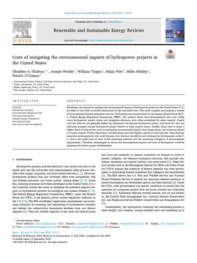 Costs of Mitigating The Environmental Impacts of Hydropower Projects in ...