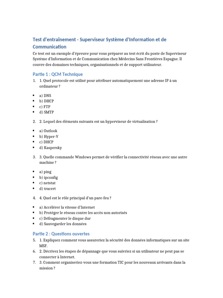 Test d'entraînement pour Superviseur TIC MSF | PDF | Pare-feu ...