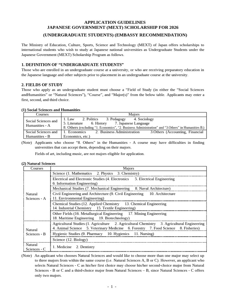 MEXT Scholarship 2026 Guidelines for Undergraduates | PDF | Engineering ...