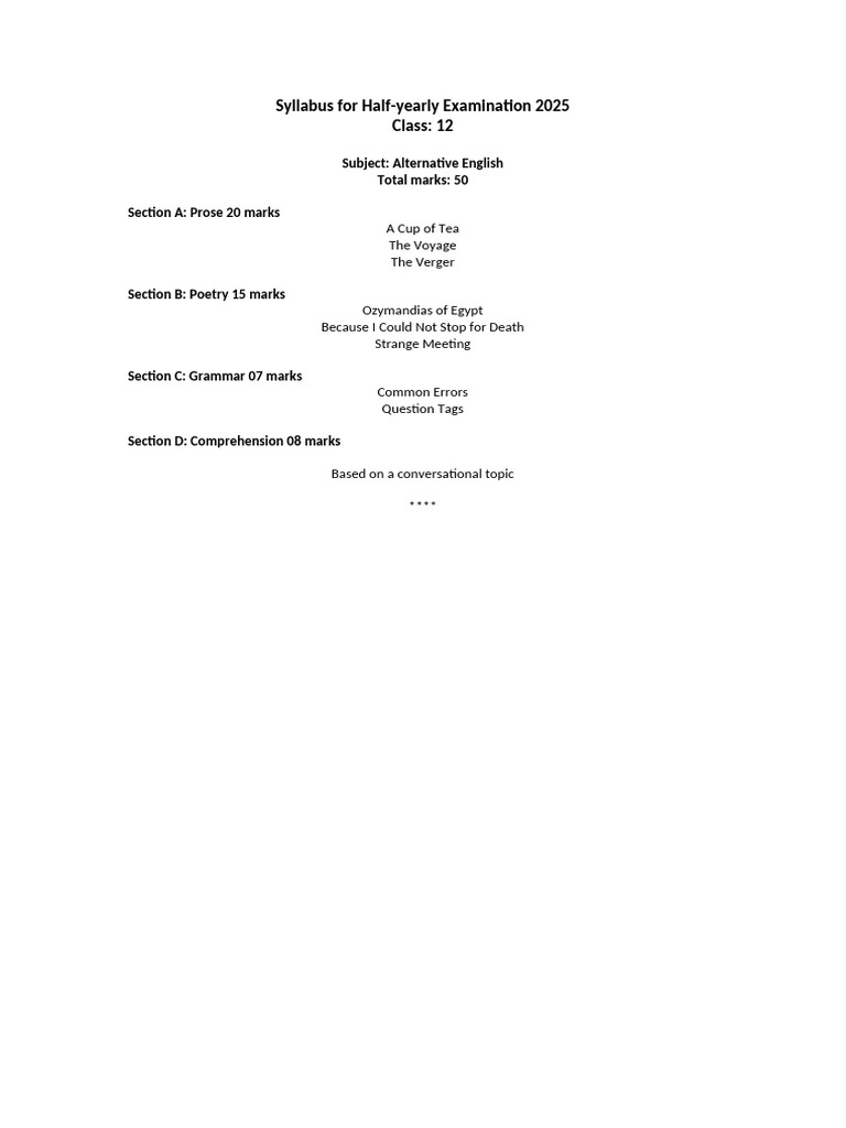 Syllabus For Half Yearly Examination 2025 | PDF
