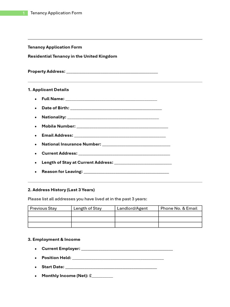 UK Tenancy Application Form Template | PDF | Lease
