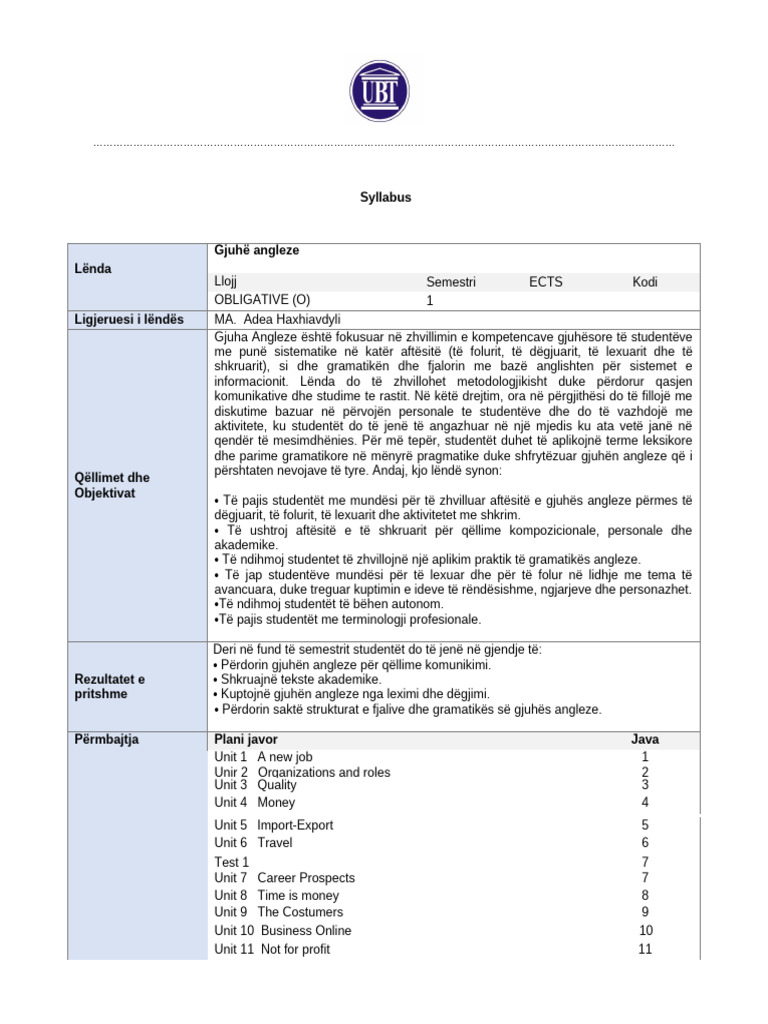 Syllabus - Albanian SI | PDF