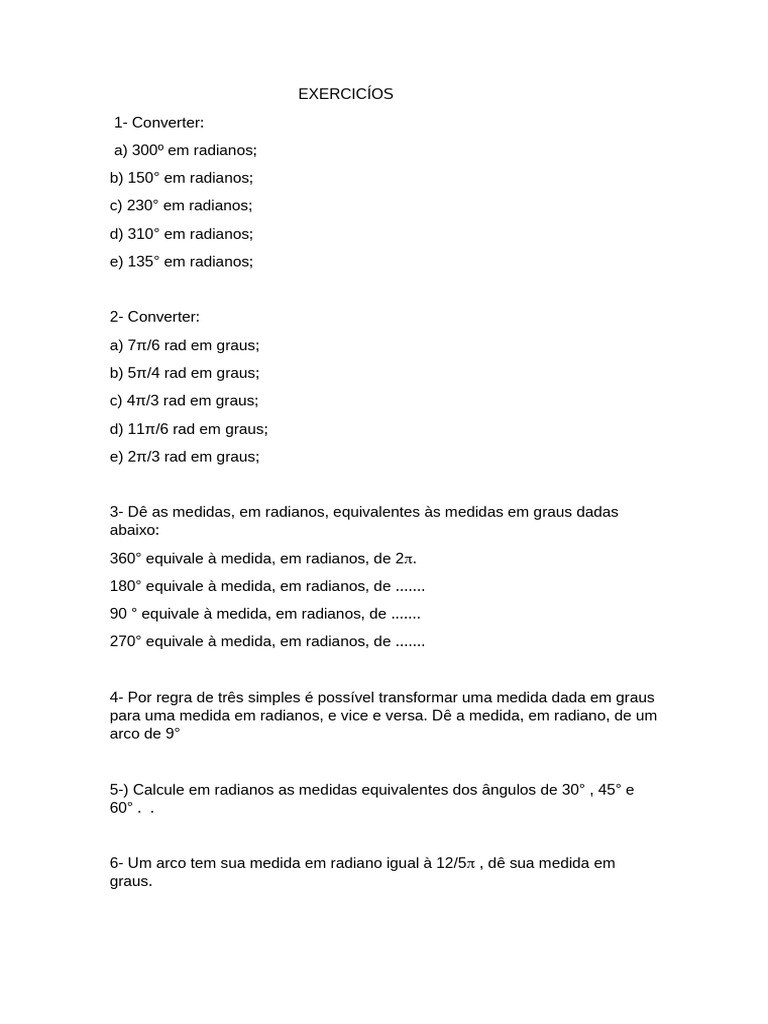 Exercícios de Conversão Graus-Radianos | PDF