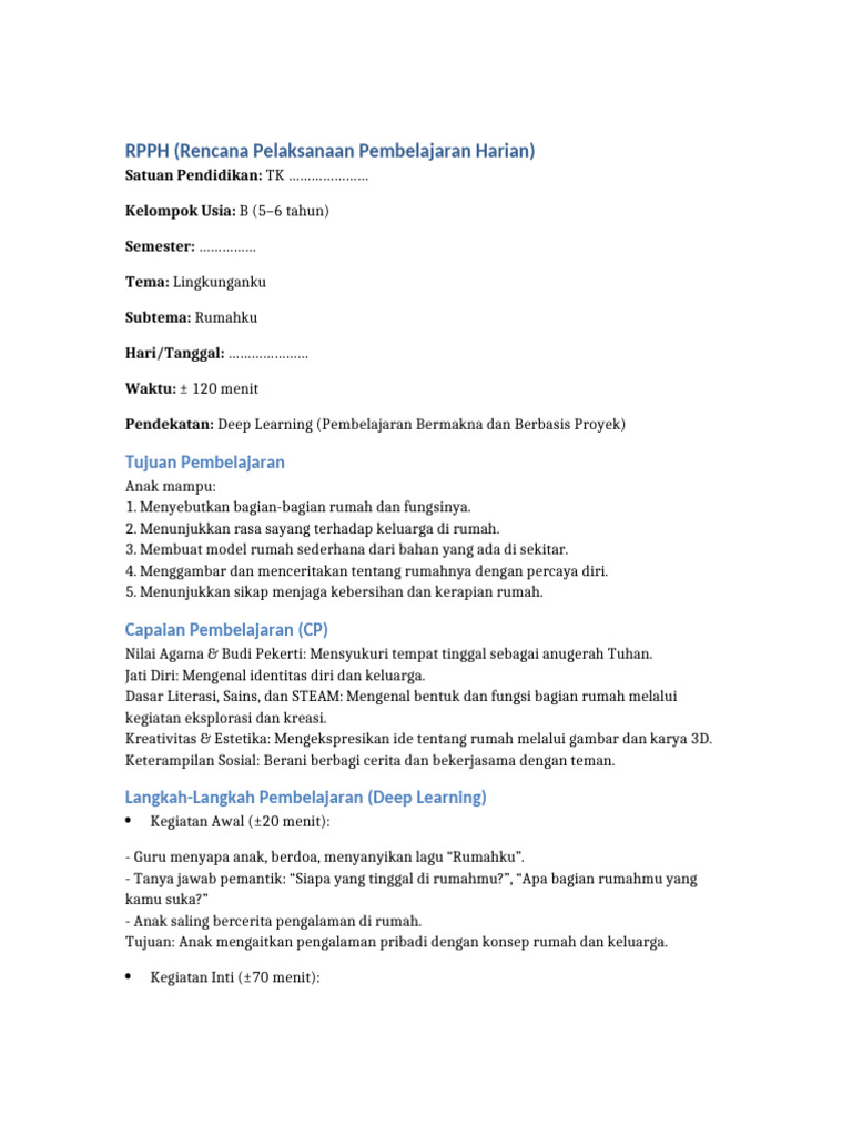 RPPH TK Tema Lingkunganku Subtema Rumahku | PDF