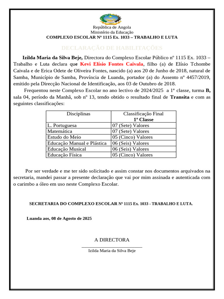 Declara o De Habilita es Escolar Angola PDF